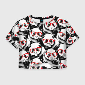 Женская футболка Cropp-top с принтом Панды в красных очках в Петрозаводске, 100% полиэстер | круглая горловина, длина футболки до линии талии, рукава с отворотами | animals | bears | funny | head | muzzl | pandas | red | весёлые | взгляд | голова | графика | животные | искусство | картинка | красивый | красные | крутой | медведи | мода | модный | молодёжная | очки | панды | рисунок