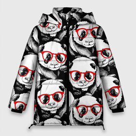 Женская зимняя куртка 3D с принтом Панды в красных очках в Петрозаводске, верх — 100% полиэстер; подкладка — 100% полиэстер; утеплитель — 100% полиэстер | длина ниже бедра, силуэт Оверсайз. Есть воротник-стойка, отстегивающийся капюшон и ветрозащитная планка. 

Боковые карманы с листочкой на кнопках и внутренний карман на молнии | animals | bears | funny | head | muzzl | pandas | red | весёлые | взгляд | голова | графика | животные | искусство | картинка | красивый | красные | крутой | медведи | мода | модный | молодёжная | очки | панды | рисунок