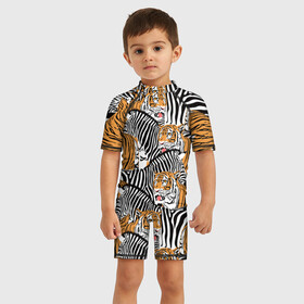 Детский купальный костюм 3D с принтом Тигры и зебры в Петрозаводске, Полиэстер 85%, Спандекс 15% | застежка на молнии на спине | black | orange | stri | white | абстракция | африка | белая | графика | животное | зебры | искусство | картинка | коллаж | красивый | крутой | лошадь | мода | модный | молодёжная | оранжевая | полосы | рисунок