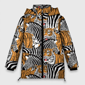 Женская зимняя куртка 3D с принтом Тигры и зебры в Петрозаводске, верх — 100% полиэстер; подкладка — 100% полиэстер; утеплитель — 100% полиэстер | длина ниже бедра, силуэт Оверсайз. Есть воротник-стойка, отстегивающийся капюшон и ветрозащитная планка. 

Боковые карманы с листочкой на кнопках и внутренний карман на молнии | black | orange | stri | white | абстракция | африка | белая | графика | животное | зебры | искусство | картинка | коллаж | красивый | крутой | лошадь | мода | модный | молодёжная | оранжевая | полосы | рисунок