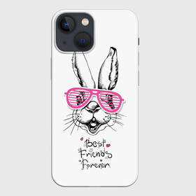Чехол для iPhone 13 mini с принтом Best Friends Forever в Петрозаводске,  |  | animal | best friends | forever | hare | hearts | love | rabbit | белый | графика | друзья | животное | заяц | искусство | картинка | кролик | крутой | лучшие | лучший | любоввь | модный | навсегда | очки | полосатые | рисунок