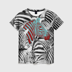Женская футболка 3D с принтом Зебры в Петрозаводске, 100% полиэфир ( синтетическое хлопкоподобное полотно) | прямой крой, круглый вырез горловины, длина до линии бедер | big | арт | крупные арты | крупные принты | сумасшедшие арты
