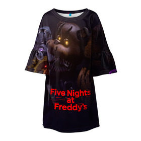 Детское платье 3D с принтом Five Nights at Freddy`s в Петрозаводске, 100% полиэстер | прямой силуэт, чуть расширенный к низу. Круглая горловина, на рукавах — воланы | Тематика изображения на принте: five nights at freddy s | game | horror | игры | механические куклы | ночь | охранник | пять ночей у фредди | светящиеся глаза | ужас