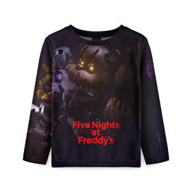 Детский лонгслив 3D с принтом Five Nights at Freddy`s в Петрозаводске, 100% полиэстер | длинные рукава, круглый вырез горловины, полуприлегающий силуэт
 | five nights at freddy s | game | horror | игры | механические куклы | ночь | охранник | пять ночей у фредди | светящиеся глаза | ужас