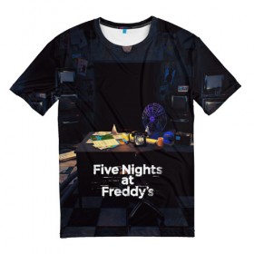 Мужская футболка 3D с принтом Five Nights at Freddy`s в Петрозаводске, 100% полиэфир | прямой крой, круглый вырез горловины, длина до линии бедер | five nights at freddy s | game | horror | игры | механические куклы | ночь | охранник | пять ночей у фредди | светящиеся глаза | ужас