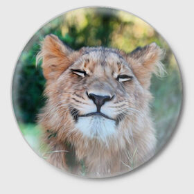 Значок с принтом Улыбка львицы в Петрозаводске,  металл | круглая форма, металлическая застежка в виде булавки | голова | животные | кот | кошка | лев | лицо | львица | прикол | прикольные | природа | смешные | тигр | тигрица | улыбается | улыбка | юмор