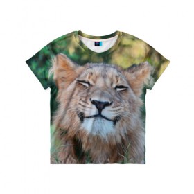 Детская футболка 3D с принтом Улыбка львицы в Петрозаводске, 100% гипоаллергенный полиэфир | прямой крой, круглый вырез горловины, длина до линии бедер, чуть спущенное плечо, ткань немного тянется | голова | животные | кот | кошка | лев | лицо | львица | прикол | прикольные | природа | смешные | тигр | тигрица | улыбается | улыбка | юмор