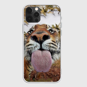 Чехол для iPhone 12 Pro Max с принтом Тигр показывает язык в Петрозаводске, Силикон |  | Тематика изображения на принте: голова | животные | кот | кошка | лев | лицо | прикол | прикольные | природа | смешные 
 животные | тигр | тигрица | юмор | язык