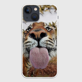 Чехол для iPhone 13 mini с принтом Тигр показывает язык в Петрозаводске,  |  | голова | животные | кот | кошка | лев | лицо | прикол | прикольные | природа | смешные 
 животные | тигр | тигрица | юмор | язык