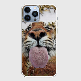 Чехол для iPhone 13 Pro Max с принтом Тигр показывает язык в Петрозаводске,  |  | Тематика изображения на принте: голова | животные | кот | кошка | лев | лицо | прикол | прикольные | природа | смешные 
 животные | тигр | тигрица | юмор | язык