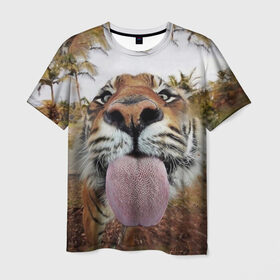 Мужская футболка 3D с принтом Тигр показывает язык в Петрозаводске, 100% полиэфир | прямой крой, круглый вырез горловины, длина до линии бедер | Тематика изображения на принте: голова | животные | кот | кошка | лев | лицо | прикол | прикольные | природа | смешные 
 животные | тигр | тигрица | юмор | язык