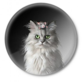Значок с принтом Кот и мышка в Петрозаводске,  металл | круглая форма, металлическая застежка в виде булавки | Тематика изображения на принте: животные | кот | котенок | кошка | крыса | мышка | мышь | перс | персидский кот | серый