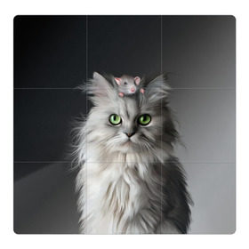 Магнитный плакат 3Х3 с принтом Кот и мышка в Петрозаводске, Полимерный материал с магнитным слоем | 9 деталей размером 9*9 см | животные | кот | котенок | кошка | крыса | мышка | мышь | перс | персидский кот | серый