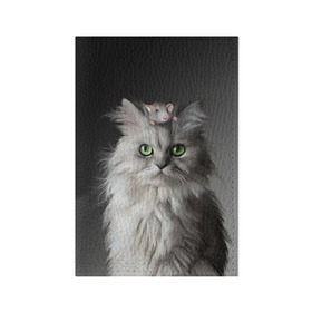 Обложка для паспорта матовая кожа с принтом Кот и мышка в Петрозаводске, натуральная матовая кожа | размер 19,3 х 13,7 см; прозрачные пластиковые крепления | Тематика изображения на принте: животные | кот | котенок | кошка | крыса | мышка | мышь | перс | персидский кот | серый