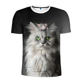 Мужская футболка 3D спортивная с принтом Кот и мышка в Петрозаводске, 100% полиэстер с улучшенными характеристиками | приталенный силуэт, круглая горловина, широкие плечи, сужается к линии бедра | животные | кот | котенок | кошка | крыса | мышка | мышь | перс | персидский кот | серый