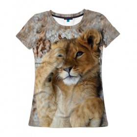 Женская футболка 3D с принтом Львенок в Петрозаводске, 100% полиэфир ( синтетическое хлопкоподобное полотно) | прямой крой, круглый вырез горловины, длина до линии бедер | дикая кошка | животные | кот | кошка | лев | львенок | львица | мордочка | природа | тигр | хищник