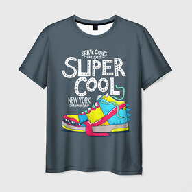 Мужская футболка 3D с принтом Super cool в Петрозаводске, 100% полиэфир | прямой крой, круглый вырез горловины, длина до линии бедер | cham | cities | freestyle | new york | skate | street | style | super cool | бейсболка | глаз | города | зубы | кроссовка | круто | надпись | нью йорк | обувь | символ | скейт | стиль | супер | текст | тёмный | улица | улыбка | фон
