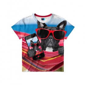 Детская футболка 3D с принтом бульдог в Петрозаводске, 100% гипоаллергенный полиэфир | прямой крой, круглый вырез горловины, длина до линии бедер, чуть спущенное плечо, ткань немного тянется | бульдог | отдых | очки | собака | телефон | черная собака