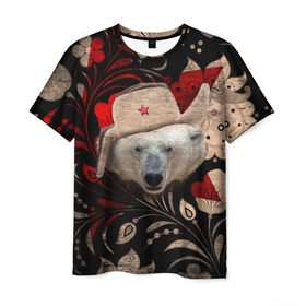 Мужская футболка 3D с принтом Медведь в ушанке в Петрозаводске, 100% полиэфир | прямой крой, круглый вырез горловины, длина до линии бедер | звезда | мишка | патриот | роспись | русский | русь | сибирь | ссср | хохлома | шапка