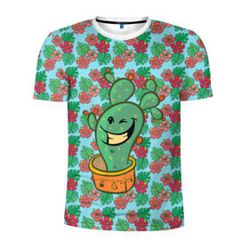 Мужская футболка 3D спортивная с принтом Веселый кактус в Петрозаводске, 100% полиэстер с улучшенными характеристиками | приталенный силуэт, круглая горловина, широкие плечи, сужается к линии бедра | веселый кактус | зеленый | иголки | кактусы | колючий | летний | лето | настроение | прикольный | радостный | счастье | цветок | цветы | эмоции