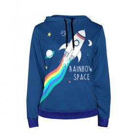 Женская толстовка 3D с принтом Rainbow space в Петрозаводске, 100% полиэстер  | двухслойный капюшон со шнурком для регулировки, мягкие манжеты на рукавах и по низу толстовки, спереди карман-кенгуру с мягким внутренним слоем. | children | drawing | fire | flight | infinity | moon | planets | rainbow | rocket | space | stars | train | universe | wh | белый | бесконечность | вселенная | детский | звезды | космос | луна | надпись | огонь | планеты | полет | радуга | ракета | рисуно