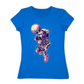 Женская футболка хлопок с принтом Космонавт Баскетболист в Петрозаводске, 100% хлопок | прямой крой, круглый вырез горловины, длина до линии бедер, слегка спущенное плечо | 