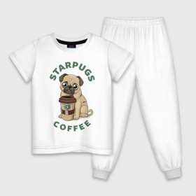 Детская пижама хлопок с принтом Мопс с Кофе (Пародия) в Петрозаводске, 100% хлопок |  брюки и футболка прямого кроя, без карманов, на брюках мягкая резинка на поясе и по низу штанин
 | coffee | pug | кофе | мопс | собака | собаки