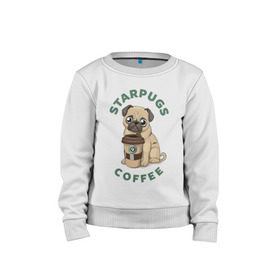 Детский свитшот хлопок с принтом Мопс с Кофе (Пародия) в Петрозаводске, 100% хлопок | круглый вырез горловины, эластичные манжеты, пояс и воротник | Тематика изображения на принте: coffee | pug | кофе | мопс | собака | собаки