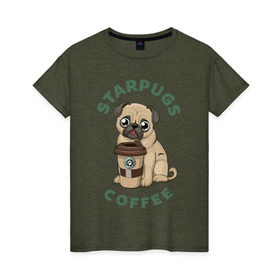 Женская футболка хлопок с принтом Мопс с Кофе (Пародия) в Петрозаводске, 100% хлопок | прямой крой, круглый вырез горловины, длина до линии бедер, слегка спущенное плечо | coffee | pug | кофе | мопс | собака | собаки
