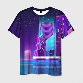 Мужская футболка 3D с принтом Neon Nights в Петрозаводске, 100% полиэфир | прямой крой, круглый вырез горловины, длина до линии бедер | Тематика изображения на принте: city | neon синтвейв | retrowave | synthwave | горо | неон | ночь | ретровейв