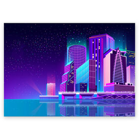 Поздравительная открытка с принтом Neon Nights в Петрозаводске, 100% бумага | плотность бумаги 280 г/м2, матовая, на обратной стороне линовка и место для марки
 | city | neon синтвейв | retrowave | synthwave | горо | неон | ночь | ретровейв