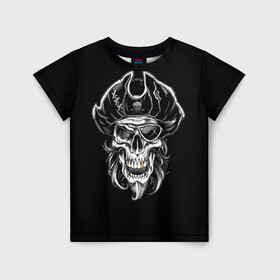 Детская футболка 3D с принтом Пиратский череп в Петрозаводске, 100% гипоаллергенный полиэфир | прямой крой, круглый вырез горловины, длина до линии бедер, чуть спущенное плечо, ткань немного тянется | dead | demon | devil | executioner | metal | pirat | punisher | rap | rock | satan | sea | skull | swag | каратель | метал | море | океан | палач | пират | рок | скелет | череп