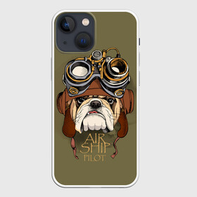 Чехол для iPhone 13 mini с принтом Air ship pilot в Петрозаводске,  |  | aircraft | angry | animal | breed | bulldog | dog | pilot | predator | t | бульдог | взгляд | воздушное | графика | животное | злой | зуб | зубы | надпись | очки | пилот | порода | рисунок | самолет | синий | собака | судно | текст