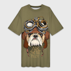 Платье-футболка 3D с принтом Air ship pilot в Петрозаводске,  |  | aircraft | angry | animal | breed | bulldog | dog | pilot | predator | t | бульдог | взгляд | воздушное | графика | животное | злой | зуб | зубы | надпись | очки | пилот | порода | рисунок | самолет | синий | собака | судно | текст