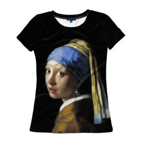 Женская футболка 3D с принтом Девушка с серьгой в Петрозаводске, 100% полиэфир ( синтетическое хлопкоподобное полотно) | прямой крой, круглый вырез горловины, длина до линии бедер | big | арт | крупные арты | крупные принты | сумасшедшие арты