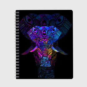 Тетрадь с принтом Слон в Петрозаводске, 100% бумага | 48 листов, плотность листов — 60 г/м2, плотность картонной обложки — 250 г/м2. Листы скреплены сбоку удобной пружинной спиралью. Уголки страниц и обложки скругленные. Цвет линий — светло-серый
 | african | animal | big | bright | colorful | drawing | ears | elephant | ethnic | fangs | gr | ornament | pattern | trunk | африканский | большой | графика | животное | клыки | орнамент | разноцветный | рисунок | слон | трафарет | узор | уши | фон | хобот