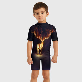 Детский купальный костюм 3D с принтом Огненный олень в Петрозаводске, Полиэстер 85%, Спандекс 15% | застежка на молнии на спине | Тематика изображения на принте: deer | fire | flame | horns | огонь | пламя | рога