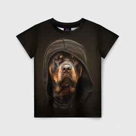 Детская футболка 3D с принтом Ротвейлер в капюшоне  в Петрозаводске, 100% гипоаллергенный полиэфир | прямой крой, круглый вырез горловины, длина до линии бедер, чуть спущенное плечо, ткань немного тянется | rottweiler | капюшон | молоссы | пастух | пёс | собака | щенок