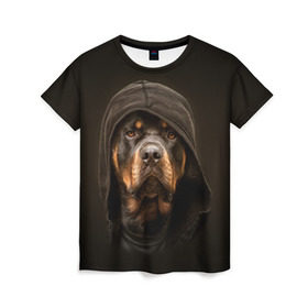 Женская футболка 3D с принтом Ротвейлер в капюшоне в Петрозаводске, 100% полиэфир ( синтетическое хлопкоподобное полотно) | прямой крой, круглый вырез горловины, длина до линии бедер | Тематика изображения на принте: rottweiler | капюшон | молоссы | пастух | пёс | собака | щенок