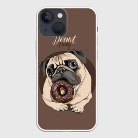 Чехол для iPhone 13 mini с принтом Donut party в Петрозаводске,  |  | animal | baking | breed | chocolate | dog | donut | dr | eating | homemade | looking | party | pug | sweetness | вечеринка | выпечка | графика | домашнее | животное | картинка | кушает | мопс | надпись | пончик | порода | рисунок | сладость