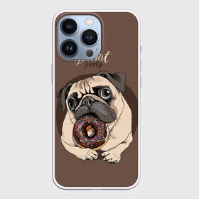 Чехол для iPhone 13 Pro с принтом Donut party в Петрозаводске,  |  | animal | baking | breed | chocolate | dog | donut | dr | eating | homemade | looking | party | pug | sweetness | вечеринка | выпечка | графика | домашнее | животное | картинка | кушает | мопс | надпись | пончик | порода | рисунок | сладость