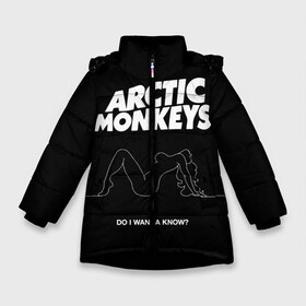 Зимняя куртка для девочек 3D с принтом Arctic Monkeys в Петрозаводске, ткань верха — 100% полиэстер; подклад — 100% полиэстер, утеплитель — 100% полиэстер. | длина ниже бедра, удлиненная спинка, воротник стойка и отстегивающийся капюшон. Есть боковые карманы с листочкой на кнопках, утяжки по низу изделия и внутренний карман на молнии. 

Предусмотрены светоотражающий принт на спинке, радужный светоотражающий элемент на пуллере молнии и на резинке для утяжки. | arctic monkeys | алекс тёрнер | арктик манкиз | группы | джейми кук | инди | музыка | мэтт хелдерс | ник омэлли | постпанк | рок