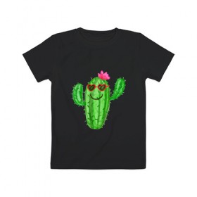 Детская футболка хлопок с принтом Веселый кактус в Петрозаводске, 100% хлопок | круглый вырез горловины, полуприлегающий силуэт, длина до линии бедер | 