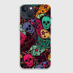 Чехол для iPhone 13 с принтом Черепа в Петрозаводске,  |  | death | fear | hallowee | horror | multicolored | sign | skulls | symbol | абстракция | геометрический | графика | звёзды | знак | линии | орнамент | праздник | разноцветные | рисунок | символ | треугольники | ужас | узор | узоры