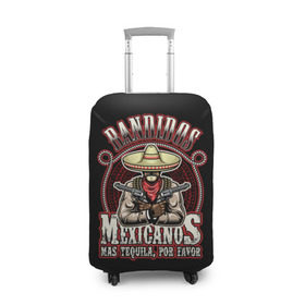 Чехол для чемодана 3D с принтом Bandidos в Петрозаводске, 86% полиэфир, 14% спандекс | двустороннее нанесение принта, прорези для ручек и колес | cartridges | drawing | graphic | hat | mexican | mexico | ornament | patterns | revolvers | rope | tape | tequila | thug | weapon | бандит | верёвка | графика | лента | мексика | мексиканский | орнамент | оружие | патроны | револьверы | рисунок | текила |