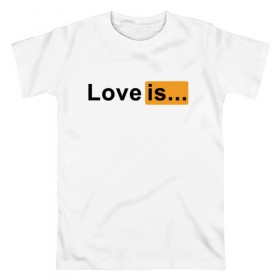Мужская футболка хлопок с принтом Love is... в Петрозаводске, 100% хлопок | прямой крой, круглый вырез горловины, длина до линии бедер, слегка спущенное плечо. | 