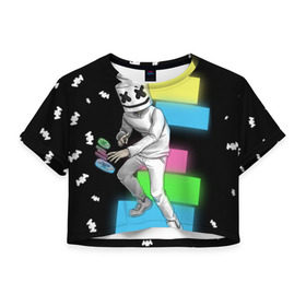 Женская футболка 3D укороченная с принтом Marshmello в Петрозаводске, 100% полиэстер | круглая горловина, длина футболки до линии талии, рукава с отворотами | dj | electro | electronic | marshmello | mask | music | зефир | маршмелоу | музыка
