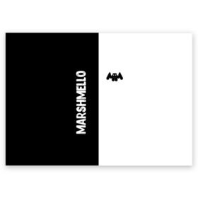 Поздравительная открытка с принтом Marshmello в Петрозаводске, 100% бумага | плотность бумаги 280 г/м2, матовая, на обратной стороне линовка и место для марки
 | black and white | christopher comstock | dj | marshmello | music | диджей | клубная музыка | клубняк | крис комсток | логотип | маршмэллоу | музыка | черно белый
