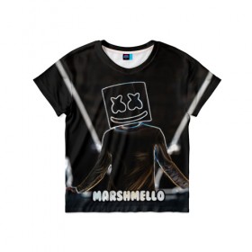 Детская футболка 3D с принтом Marshmello в Петрозаводске, 100% гипоаллергенный полиэфир | прямой крой, круглый вырез горловины, длина до линии бедер, чуть спущенное плечо, ткань немного тянется | marshmello | диджей | клуб | клубная музыка | маршмеллоу | маршмэлло | маршмэллоу | музыка | электронная