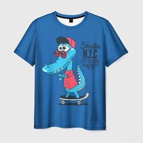Мужская футболка 3D с принтом Skate NYC в Петрозаводске, 100% полиэфир | прямой крой, круглый вырез горловины, длина до линии бедер | Тематика изображения на принте: freestyle | n | skateboard | бейсболка | город | графика | движение | дикий | доска | животное | колёса | красный | крокодил | крутой | надпись | нью йорк | очки | рисунок | ролики | сила | синий | скейтборд | спорт